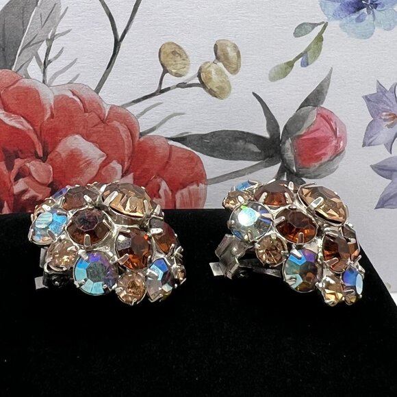 Vintage Amber Tones Aurora Borealis Dome CLIP Earrings 1960s - Picture 8 of 9
